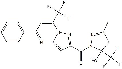 3-methyl-1-{[5-phenyl-7-(trifluoromethyl)pyrazolo[1,5-a]pyrimidin-2-yl]carbonyl}-5-(trifluoromethyl)-4,5-dihydro-1H-pyrazol-5-ol Struktur