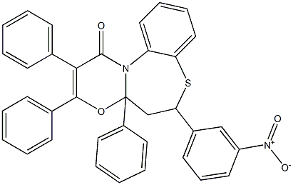 6-{3-nitrophenyl}-2,3,4a-triphenyl-5,6-dihydro-1H,4aH-[1,3]oxazino[2,3-d][1,5]benzothiazepin-1-one Struktur