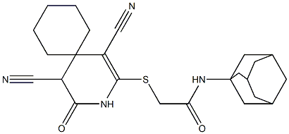 N-(1-adamantyl)-2-[(1,5-dicyano-4-oxo-3-azaspiro[5.5]undec-1-en-2-yl)sulfanyl]acetamide Struktur