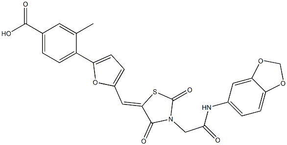 4-[5-({3-[2-(1,3-benzodioxol-5-ylamino)-2-oxoethyl]-2,4-dioxo-1,3-thiazolidin-5-ylidene}methyl)-2-furyl]-3-methylbenzoic acid Struktur