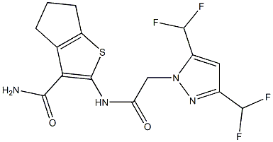 2-({[3,5-bis(difluoromethyl)-1H-pyrazol-1-yl]acetyl}amino)-5,6-dihydro-4H-cyclopenta[b]thiophene-3-carboxamide Struktur