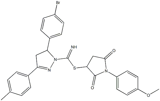 1-(4-methoxyphenyl)-2,5-dioxo-3-pyrrolidinyl 5-(4-bromophenyl)-3-(4-methylphenyl)-4,5-dihydro-1H-pyrazole-1-carbimidothioate Struktur