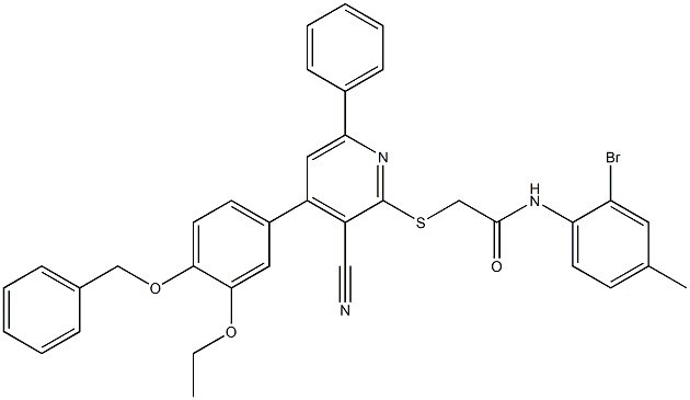 2-({4-[4-(benzyloxy)-3-ethoxyphenyl]-3-cyano-6-phenyl-2-pyridinyl}sulfanyl)-N-(2-bromo-4-methylphenyl)acetamide Struktur