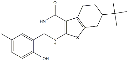 7-tert-butyl-2-(2-hydroxy-5-methylphenyl)-2,3,5,6,7,8-hexahydro[1]benzothieno[2,3-d]pyrimidin-4(1H)-one Struktur