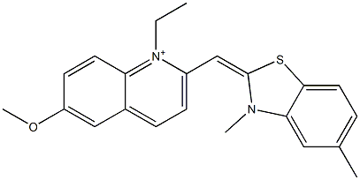 2-[(3,5-dimethyl-1,3-benzothiazol-2(3H)-ylidene)methyl]-1-ethyl-6-methoxyquinolinium Struktur