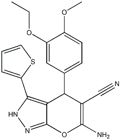 6-amino-4-(3-ethoxy-4-methoxyphenyl)-3-(2-thienyl)-2,4-dihydropyrano[2,3-c]pyrazole-5-carbonitrile Struktur