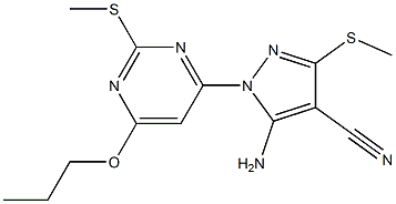 5-amino-3-(methylsulfanyl)-1-[2-(methylsulfanyl)-6-propoxy-4-pyrimidinyl]-1H-pyrazole-4-carbonitrile Struktur