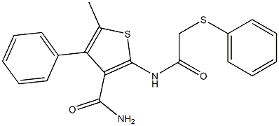 5-methyl-4-phenyl-2-{[(phenylsulfanyl)acetyl]amino}-3-thiophenecarboxamide Struktur