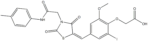 [4-({2,4-dioxo-3-[2-oxo-2-(4-toluidino)ethyl]-1,3-thiazolidin-5-ylidene}methyl)-2-iodo-6-methoxyphenoxy]acetic acid Struktur