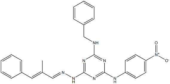 2-methyl-3-phenylacrylaldehyde (4-(benzylamino)-6-{4-nitroanilino}-1,3,5-triazin-2-yl)hydrazone Struktur