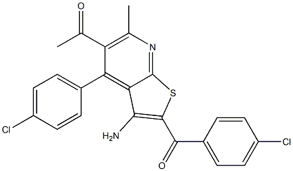 1-[3-amino-2-(4-chlorobenzoyl)-4-(4-chlorophenyl)-6-methylthieno[2,3-b]pyridin-5-yl]ethanone Struktur