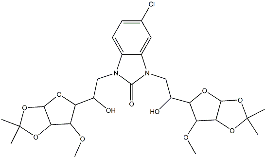 5-chloro-1,3-bis[2-hydroxy-2-(6-methoxy-2,2-dimethyltetrahydrofuro[2,3-d][1,3]dioxol-5-yl)ethyl]-1,3-dihydro-2H-benzimidazol-2-one Struktur