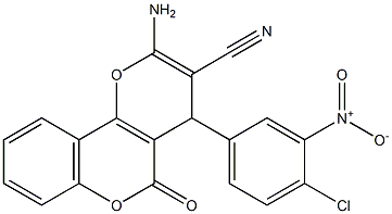 2-amino-4-{4-chloro-3-nitrophenyl}-5-oxo-4H,5H-pyrano[3,2-c]chromene-3-carbonitrile Struktur