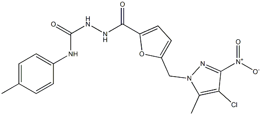 2-[5-({4-chloro-3-nitro-5-methyl-1H-pyrazol-1-yl}methyl)-2-furoyl]-N-(4-methylphenyl)hydrazinecarboxamide Struktur