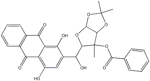 5-[(1,4-dihydroxy-9,10-dioxo-9,10-dihydroanthracen-2-yl)(hydroxy)methyl]-2,2,6-trimethyltetrahydrofuro[2,3-d][1,3]dioxol-6-yl benzoate Struktur