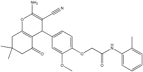 2-[4-(2-amino-3-cyano-7,7-dimethyl-5-oxo-5,6,7,8-tetrahydro-4H-chromen-4-yl)-2-methoxyphenoxy]-N-(2-methylphenyl)acetamide Struktur