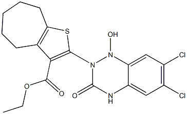 ethyl 2-(6,7-dichloro-1-hydroxy-3-oxo-3,4-dihydro-1,2,4-benzotriazin-2(1H)-yl)-5,6,7,8-tetrahydro-4H-cyclohepta[b]thiophene-3-carboxylate Struktur