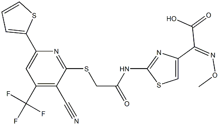 2-{2-[(2-{[3-cyano-6-(2-thienyl)-4-(trifluoromethyl)-2-pyridinyl]sulfanyl}acetyl)amino]-1,3-thiazol-4-yl}-2-(methoxyimino)acetic acid Struktur