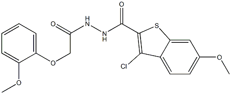 3-chloro-6-methoxy-N'-[2-(2-methoxyphenoxy)acetyl]-1-benzothiophene-2-carbohydrazide Struktur