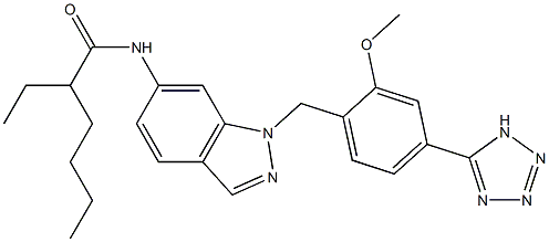 N-[1-[2-Methoxy-4-(1H-tetrazol-5-yl)benzyl]1H-indazol-6-yl]-2-ethylhexanamide Struktur