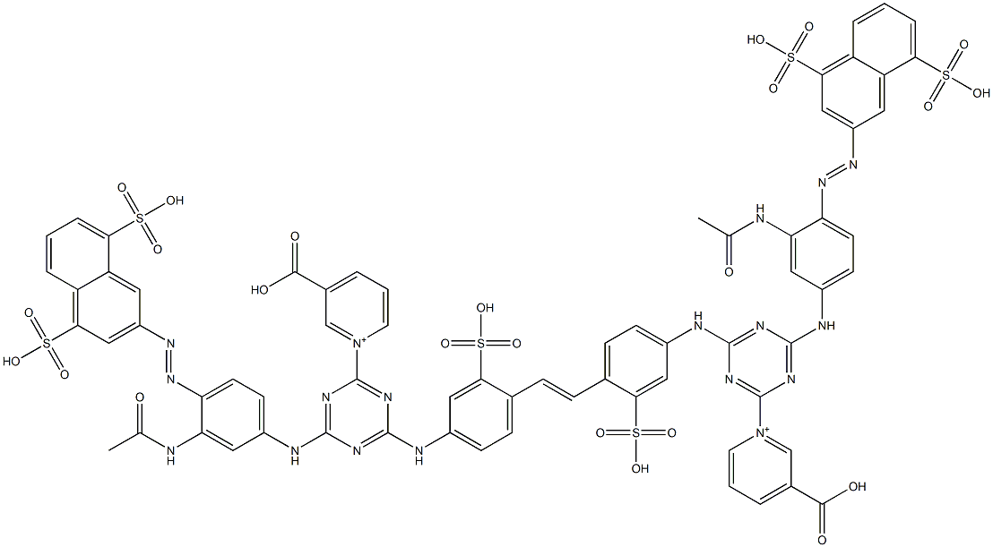 1,1'-[1,2-Ethenediylbis[(3-sulfo-4,1-phenylene)imino[6-[[3-(acetylamino)-4-[(4,8-disulfo-2-naphthalenyl)azo]phenyl]amino]-1,3,5-triazine-4,2-diyl]]]bis[3-carboxypyridinium] Struktur