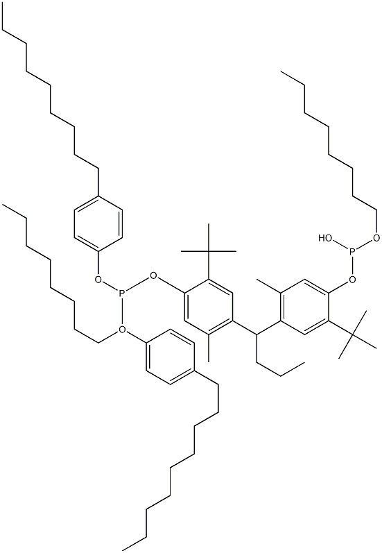 [Butylidenebis(2-tert-butyl-5-methyl-4,1-phenyleneoxy)]bis(phosphonous acid)O,O'-dioctyl O,O'-bis(4-nonylphenyl) ester Struktur