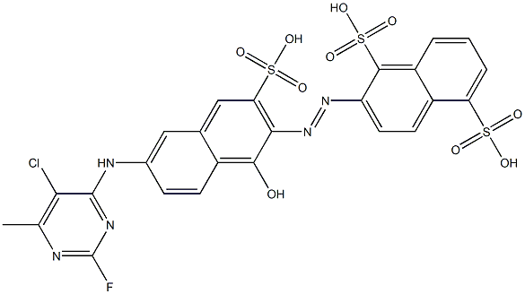 2-[[6-[(5-Chloro-2-fluoro-6-methyl-4-pyrimidinyl)amino]-1-hydroxy-3-sulfo-2-naphthalenyl]azo]-1,5-naphthalenedisulfonic acid Struktur