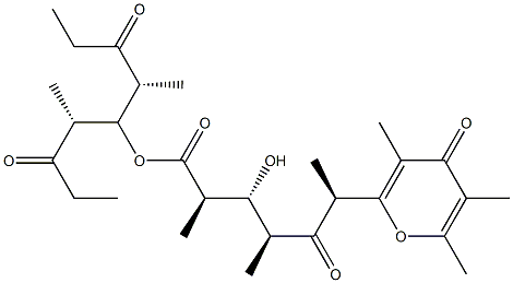 3,5,6-Trimethyl-2-[(1S,3S,4R,5R)-1,3,5-trimethyl-2,6-dioxo-4-hydroxy-6-[[(4R,6R)-4,6-dimethyl-3,7-dioxononan-5-yl]oxy]hexyl]-4H-pyran-4-one Struktur