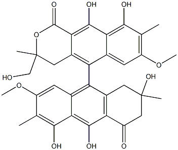 3,4-Dihydro-9,10-dihydroxy-3-hydroxymethyl-3,8-dimethyl-7-methoxy-5-[(1,2,3,4-tetrahydro-2,5,10-trihydroxy-2,6-dimethyl-7-methoxy-4-oxoanthracen)-9-yl]-1H-naphtho[2,3-c]pyran-1-one Struktur