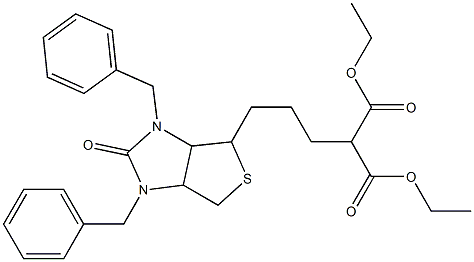 4-(2,4-Dibenzyl-3-oxo-7-thia-2,4-diazabicyclo[3.3.0]octan-6-yl)-1,1-butanedicarboxylic acid diethyl ester Struktur