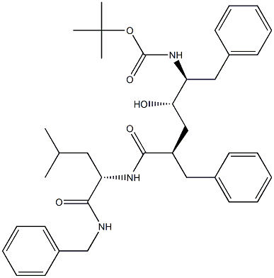 (2S)-N-Benzyl-2-[[(2R,4S,5S)-2-benzyl-5-[(tert-butyloxycarbonyl)amino]-4-hydroxy-6-phenylhexanoyl]amino]-4-methylvaleramide Struktur