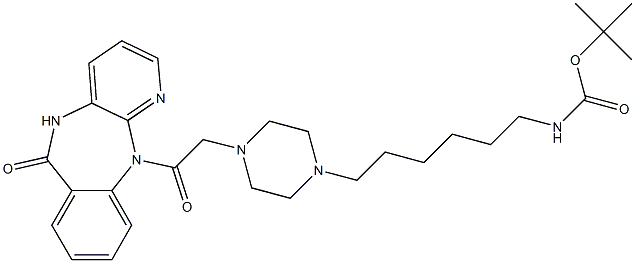 5,11-Dihydro-11-[[4-[6-(tert-butoxycarbonylamino)hexyl]-1-piperazinyl]acetyl]-6H-pyrido[2,3-b][1,4]benzodiazepin-6-one Struktur