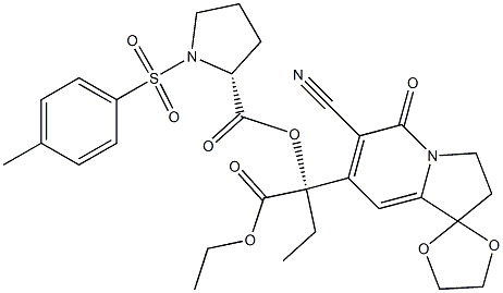 6-Cyano-7-[(S)-1-ethoxycarbonyl-1-[[(2R)-1-[(4-methylphenyl)sulfonyl]-2-pyrrolidinyl]carbonyloxy]propyl]-2,3-dihydrospiro[indolizine-1,2'-[1,3]dioxolan]-5-one Struktur