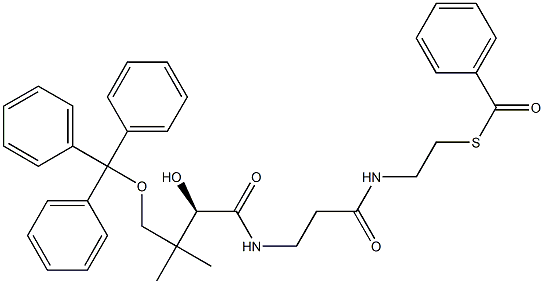 [R,(+)]-2-Hydroxy-N-[2-[(2-benzoylthioethyl)carbamoyl]ethyl]-3,3-dimethyl-4-(triphenylmethoxy)butyramide Struktur