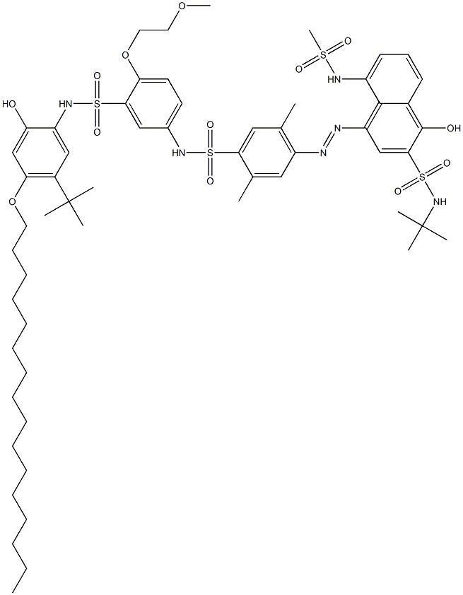 N-[3-[(5-tert-Butyl-4-hexadecyloxy-2-hydroxyphenyl)aminosulfonyl]-4-(2-methoxyethoxy)phenyl]-2,5-dimethyl-4-[3-(tert-butylaminosulfonyl)-4-hydroxy-8-methylsulfonylamino-1-naphtylazo]benzenesulfonamide Struktur