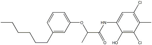 2-[2-(3-Hexylphenoxy)propanoylamino]-4,6-dichloro-5-methylphenol Struktur