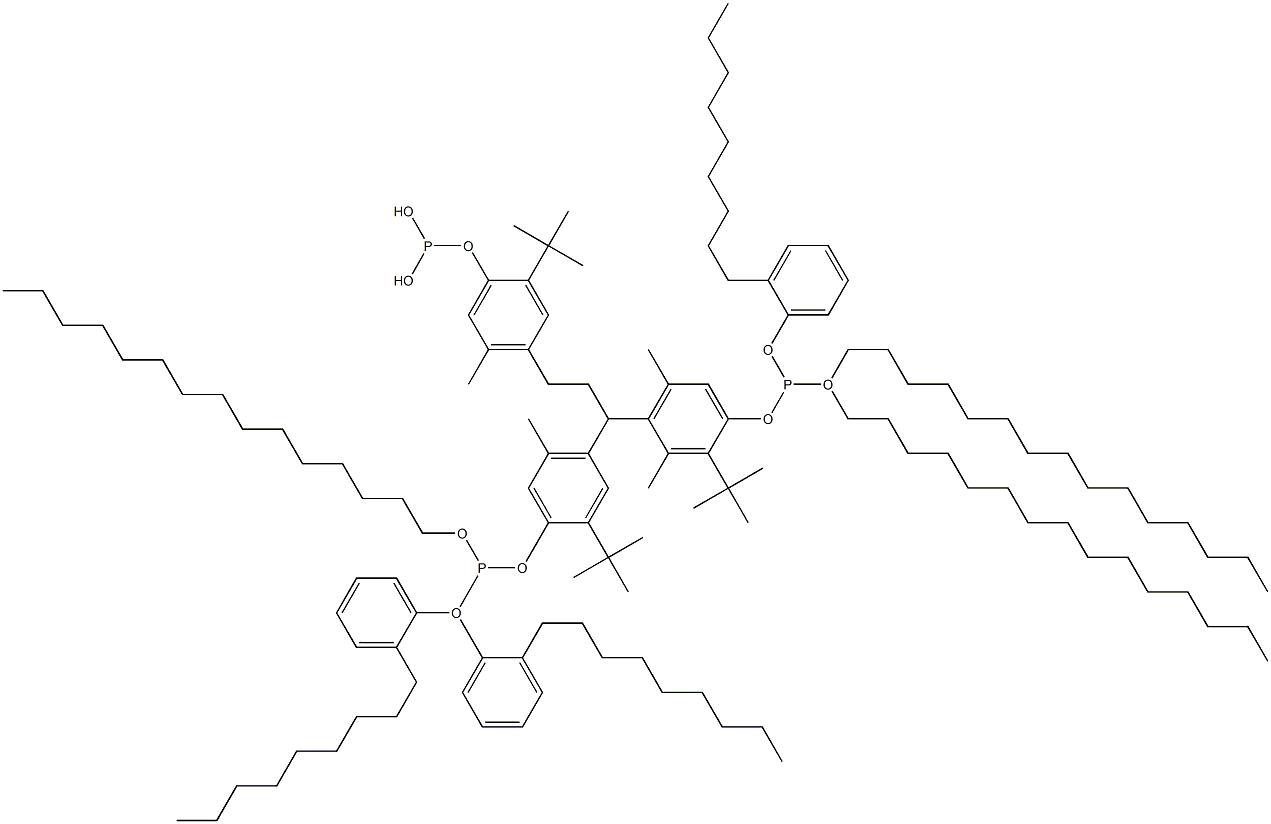 [3-Methyl-1,1,3-propanetriyltris(2-tert-butyl-5-methyl-4,1-phenyleneoxy)]tris(phosphonous acid)O,O',O'-tripentadecyl O,O'',O''-tris(2-nonylphenyl) ester Struktur