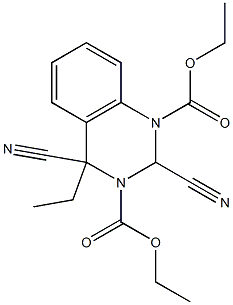 2,4-Dicyano-4-ethyl-1,2,3,4-tetrahydroquinazoline-1,3-dicarboxylic acid diethyl ester Struktur