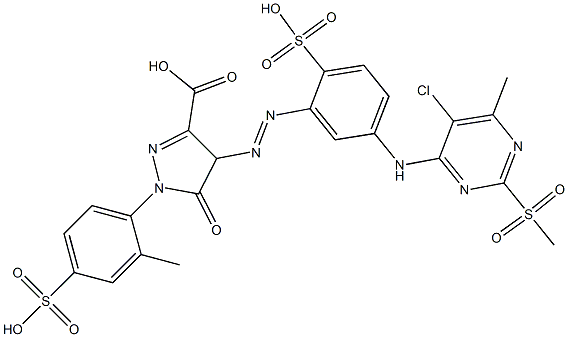 4-[[5-[[5-Chloro-6-methyl-2-(methylsulfonyl)-4-pyrimidinyl]amino]-2-sulfophenyl]azo]-4,5-dihydro-1-(2-methyl-4-sulfophenyl)-5-oxo-1H-pyrazole-3-carboxylic acid Struktur