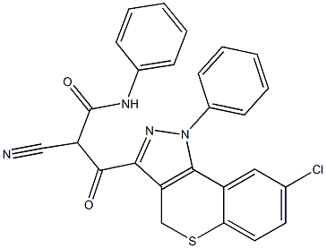 N-(Phenyl)-3-[[8-chloro-1-phenyl-1,4-dihydro-[1]benzothiopyrano[4,3-c]pyrazol]-3-yl]-2-cyano-3-oxopropanamide Struktur