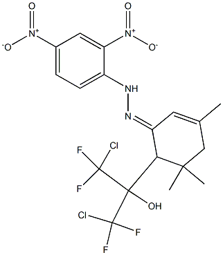 6-[2-Chloro-1-(chlorodifluoromethyl)-2,2-difluoro-1-hydroxyethyl]-3,5,5-trimethyl-2-cyclohexen-1-one 2,4-dinitrophenyl hydrazone Struktur