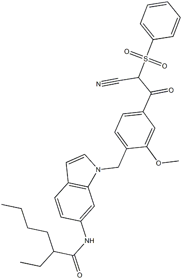 N-[1-[4-[Cyano(phenylsulfonyl)acetyl]-2-methoxybenzyl]-1H-indol-6-yl]-2-ethylhexanamide Struktur