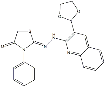 2-[2-[3-(1,3-Dioxolane-2-yl)quinoline-2-yl]hydrazono]-3-phenylthiazolidine-4-one Struktur