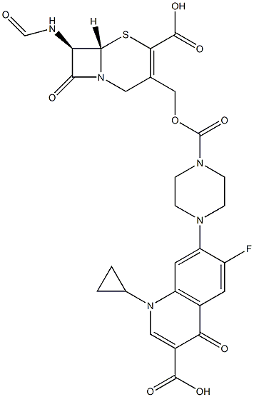 (7R)-7-[Formylamino]-3-[[4-[(1-cyclopropyl-6-fluoro-3-carboxy-1,4-dihydro-4-oxoquinolin)-7-yl]-1-piperazinylcarbonyloxy]methyl]cepham-3-ene-4-carboxylic acid Struktur