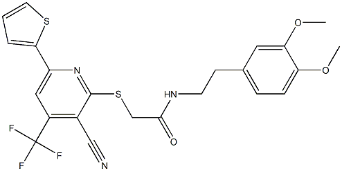 2-{[3-cyano-6-(2-thienyl)-4-(trifluoromethyl)-2-pyridinyl]sulfanyl}-N-(3,4-dimethoxyphenethyl)acetamide Struktur