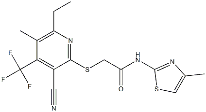 2-{[3-cyano-6-ethyl-5-methyl-4-(trifluoromethyl)-2-pyridinyl]sulfanyl}-N-(4-methyl-1,3-thiazol-2-yl)acetamide Struktur