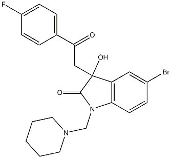 5-bromo-3-[2-(4-fluorophenyl)-2-oxoethyl]-3-hydroxy-1-(piperidinomethyl)indolin-2-one Struktur