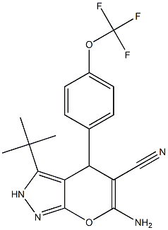 6-amino-3-(tert-butyl)-4-[4-(trifluoromethoxy)phenyl]-2,4-dihydropyrano[2,3-c]pyrazole-5-carbonitrile Struktur