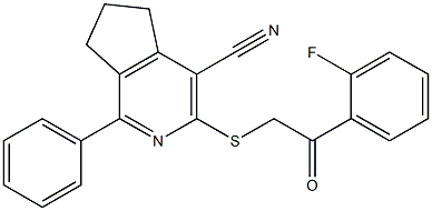 3-{[2-(2-fluorophenyl)-2-oxoethyl]sulfanyl}-1-phenyl-6,7-dihydro-5H-cyclopenta[c]pyridine-4-carbonitrile Struktur