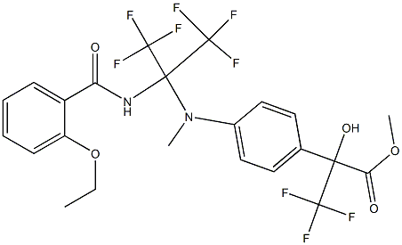 methyl 2-{4-[[1-[(2-ethoxybenzoyl)amino]-2,2,2-trifluoro-1-(trifluoromethyl)ethyl](methyl)amino]phenyl}-3,3,3-trifluoro-2-hydroxypropanoate Struktur